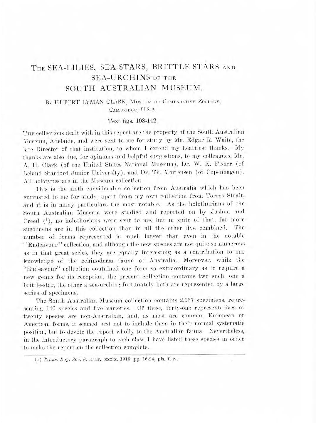Media of type text, Clark 1928. Description:The Sea-Lilies, Sea-Stars, Brittle Stars and Sea-Urchins of the South Australian Museum