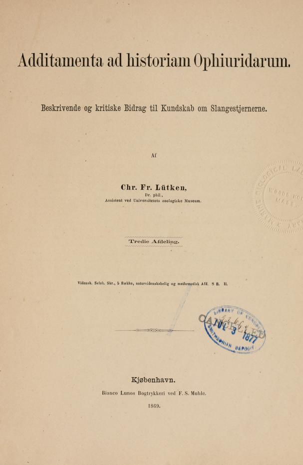 Media type: text; Lutken 1869 Description: Additamenta ad historiam Ophiuridarum;
