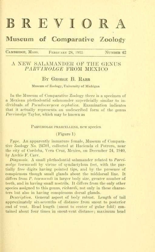 Media type: text; Rabb 1955 Description: MCZ Breviora no. 42;