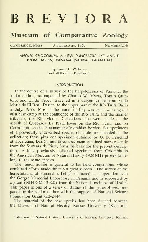 Media type: text, Williams and Duellman 1967. Description: MCZ Breviora no. 256