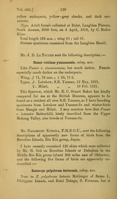 Media type: text, La Touche 1923 Description: Description of a New Subspecies of Sparrow, Passer rutilans yunnanensis