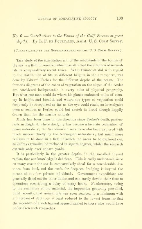 Media type: text; de Pourtales 1867 Description: MCZ Bulletin Vol. I no. 6;