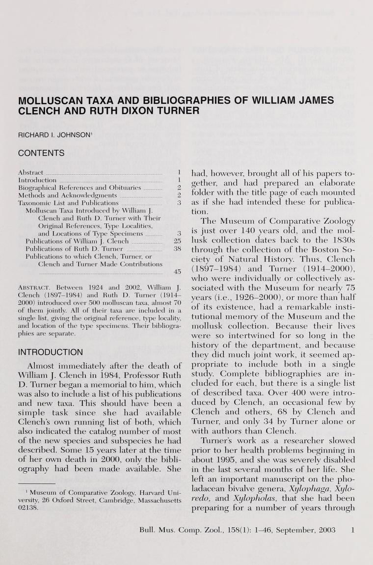 Media type: text, Johnson 2003. Description: MCZ Bulletin Vol. CLVIII no. 1