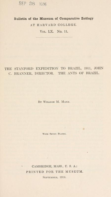Media type: text; Mann 1916 Description: MCZ Bulletin Vol. LX no. 11;