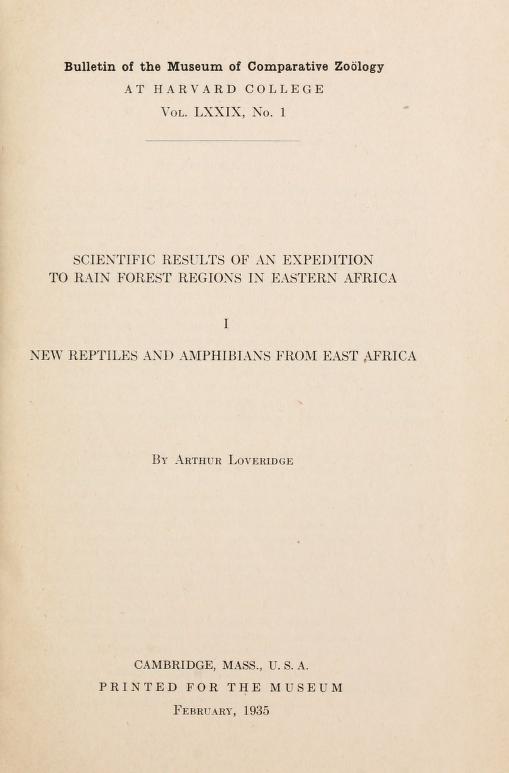 Media type: text; Loveridge 1935 Description: MCZ Bulletin Vol. LXXIX no. 1;