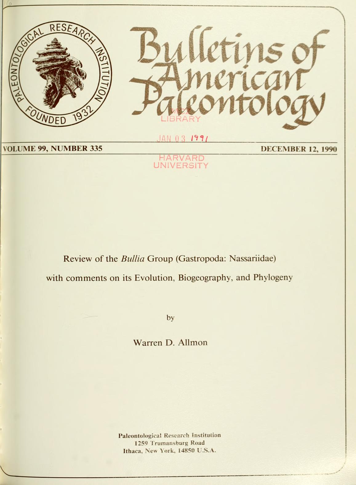 Media of type text, Allmon 1990. Description:Review of the <i>Bullia </i>group (Gastropoda: Nassariidae) with comments on its evolution, biogeography, phylogeny