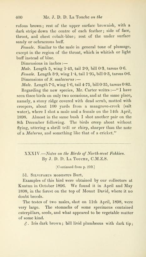 Media type: text, La Touche 1899 Description: Notes on the Birds of North-west Fohkien