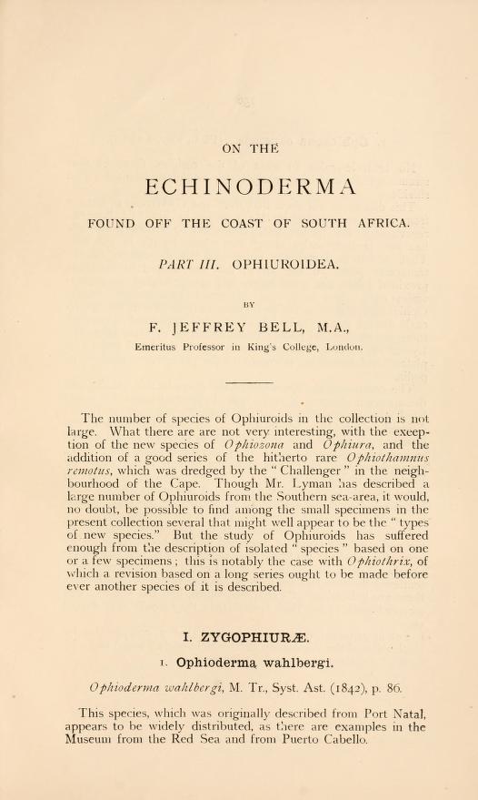 Media type: text; Bell 1905 Description: Echinoderma found off the Coast of South Africa. Part 3. Ophiuroidea;