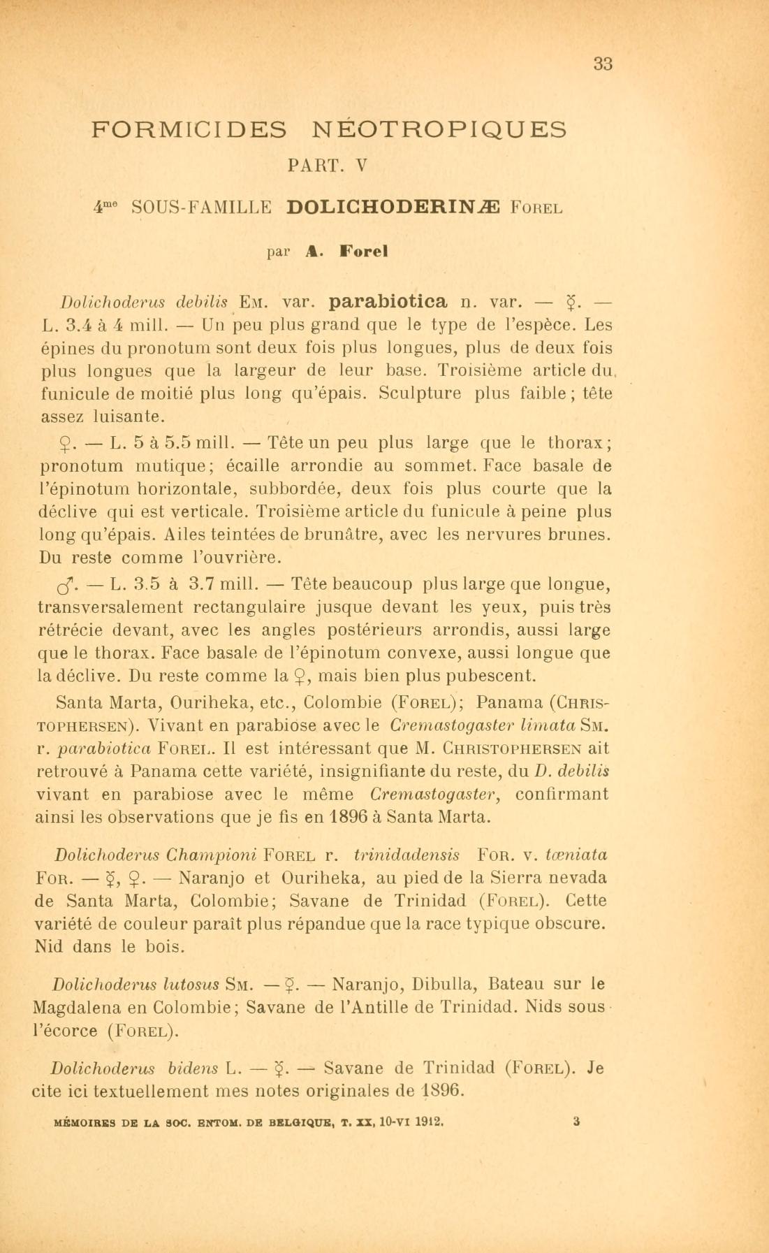 Media type: text; Forel 1912 Description: Formicides néotropiques. Part V. 4me sous-famille Dolichoderinae Forel;