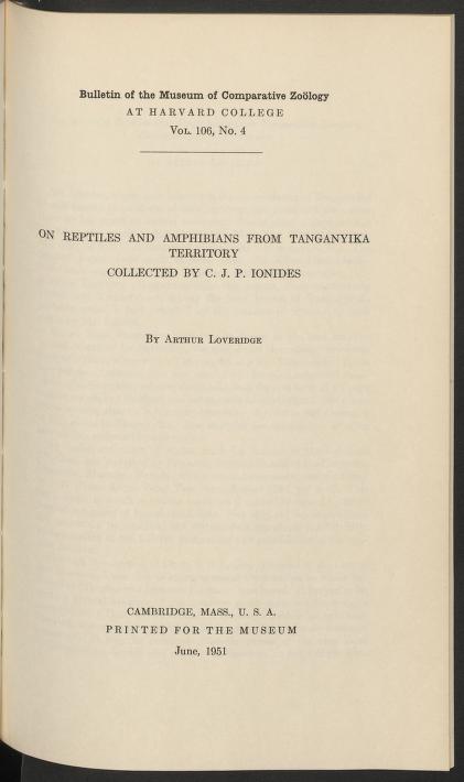 Media type: text; Loveridge 1951 Description: MCZ Bulletin Vol. CVI no. 4;