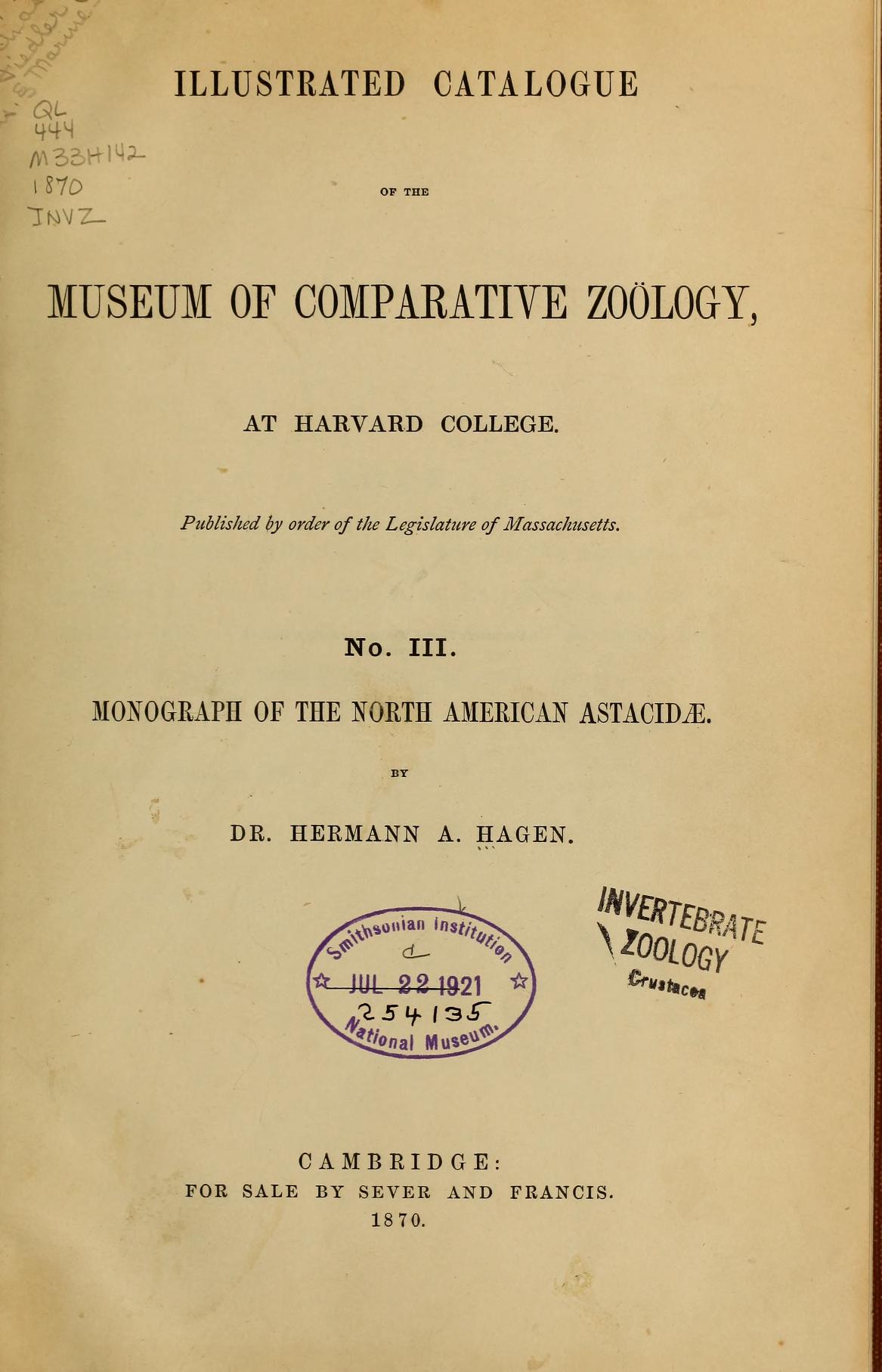 Media type: text; Hagen 1870 Description: MCZ Memoirs Vol. II no. 1;
