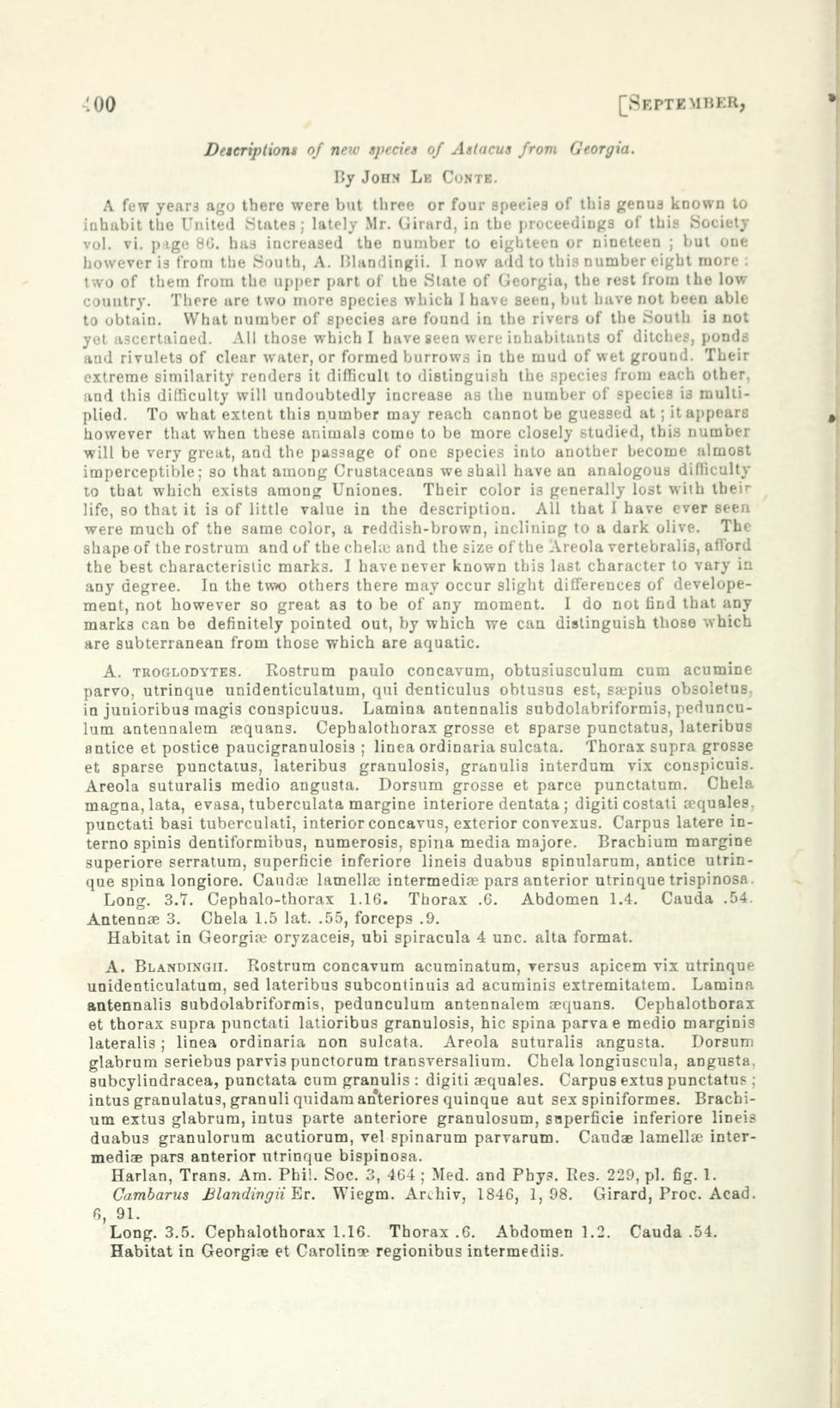 Media type: text; Le Conte 1854 Description: Descriptions of New Species of Astacus from Georgia;
