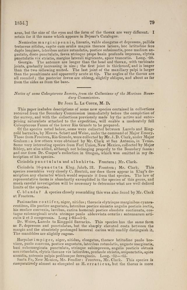 Media of type text, LeConte 1854. Description:LeConte (1854) Proc. Acad. Nat. Sci. Phil 7:79-85
