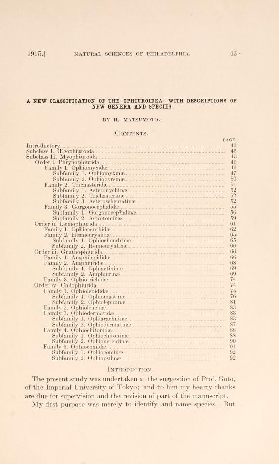 Media of type text, Matsumoto, T. 1915. Description:A New Classification of the Ophiuroidea: With Descriptions of New Genera and Species