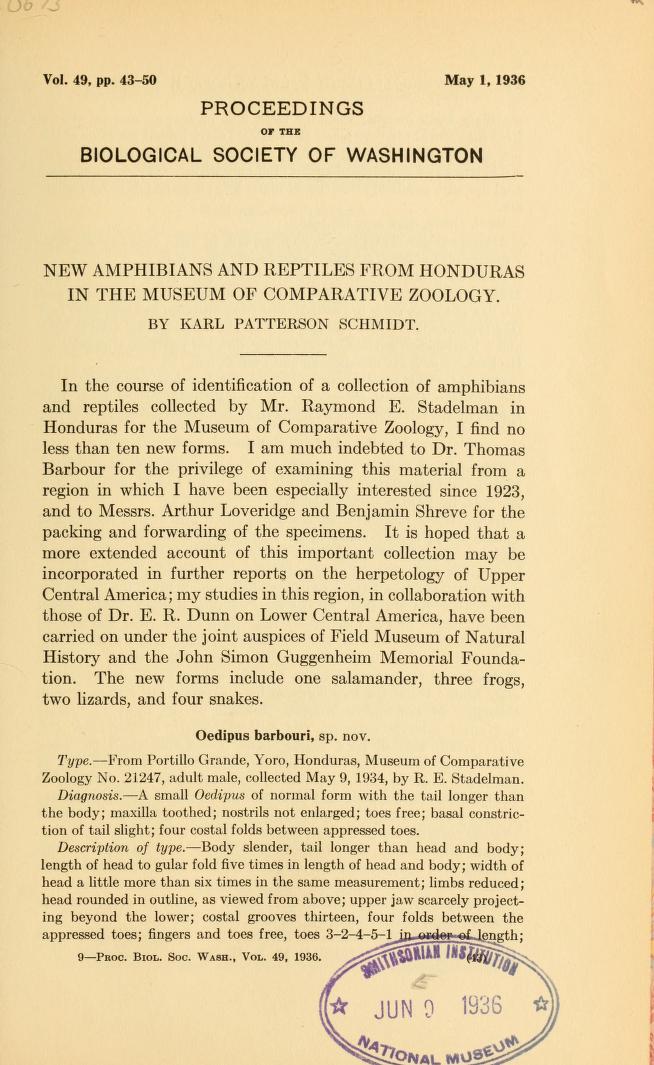 Media type: text; Schmidt 1936 Description: New amphibians and reptiles from Honduras in the Museum of Comparative Zoology.;