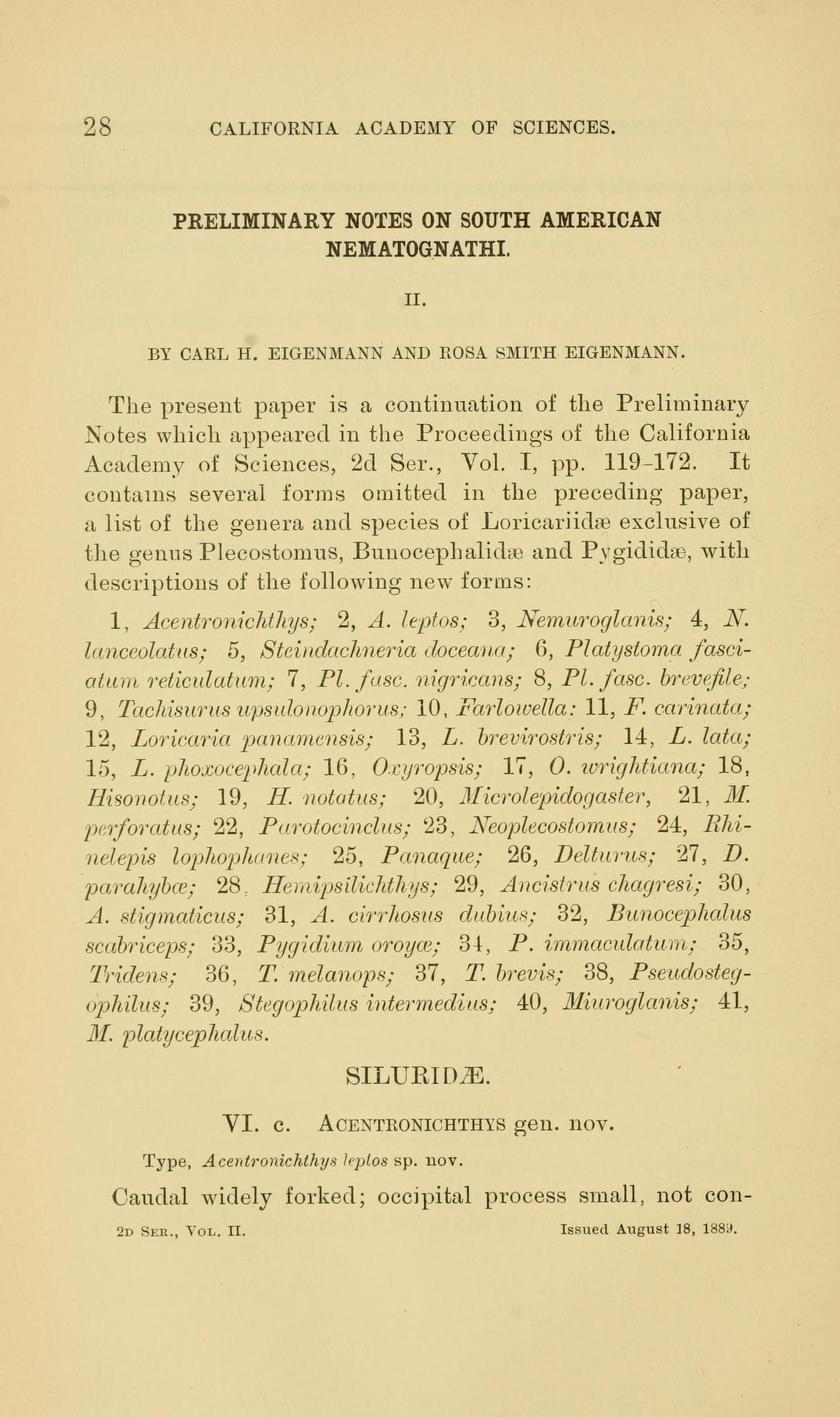 Media type: image; Eigenmann and Eigenmann 1889 Description: Preliminary notes on South American Nematognathi. II. Proceedings of the California Academy of Sciences 2:28-28. ;