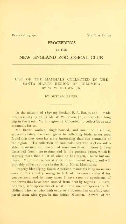 List of the mammals collected in the Santa Marta region of Colombia by W. W. Brown, Jr