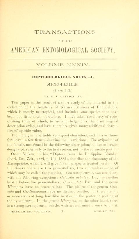 Media of type text, Cresson 1908. Description:Cresson, Jr. (1908) Trans. Am. Ent. Soc. 34: 1-12