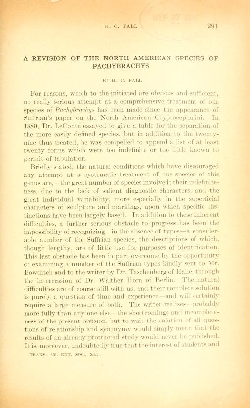 Media type: text; Fall 1915 Description: Fall (1915) Trans. Am. Ent. Soc. 41:291-486;