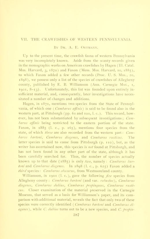 Media type: text; Ortmann 1905 Description: The Crawfishes of Western Pennsylvania;