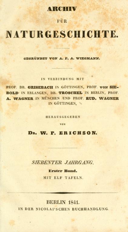 Media type: text; Gruner 1841 Description: Archiv fur Narurgeschichte, jahrg. 7, bd. 1;