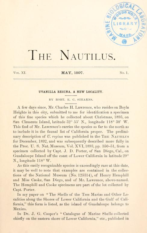 Media type: text; Dall 1897 Description: The Nautilus, vol. XI, no. 1;