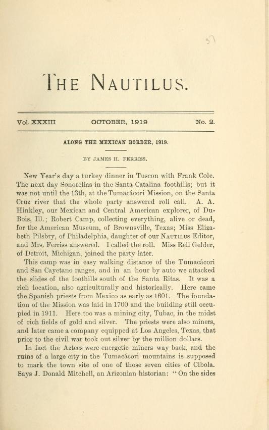 Media type: text; Vanatta 1919 Description: The Nautilus, vol. XXXIII, no. 2;