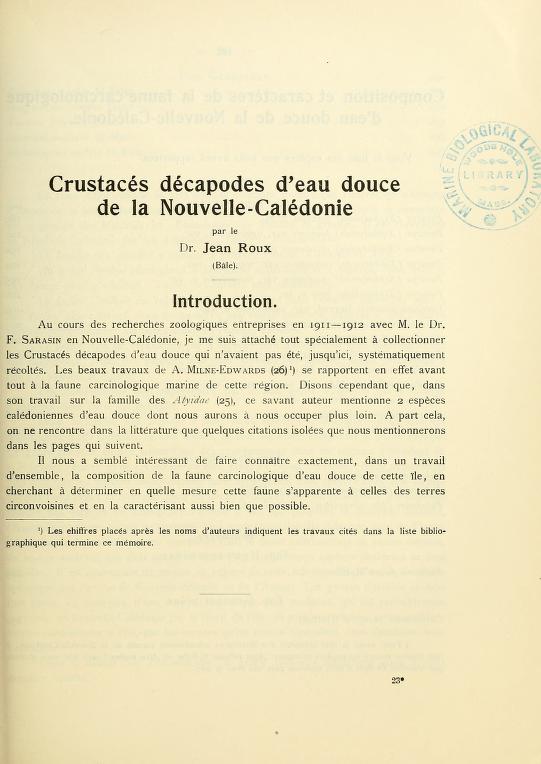 Media of type text, Roux 1925. Description:Crustacés décapodes d’eau douce de la Nouvelle-Calédonie