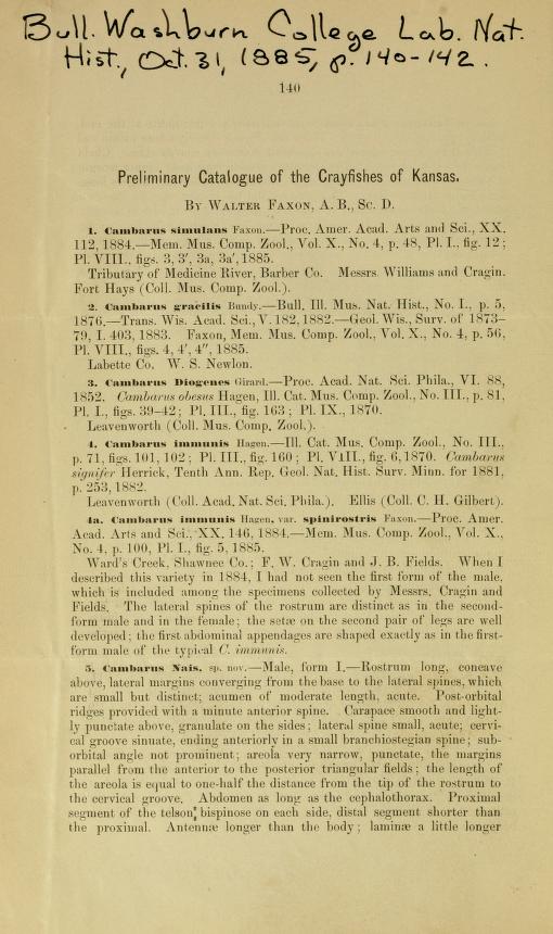 Media type: text; Faxon 1885 Description: Preliminary Catalogue of the Crayfishes of Kansas;