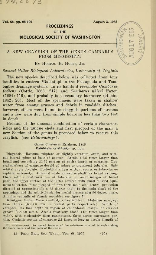 Media type: text; Hobbs 1955 Description: A new Crayfish of the genus <i>Cambarus</i> from Mississippi;