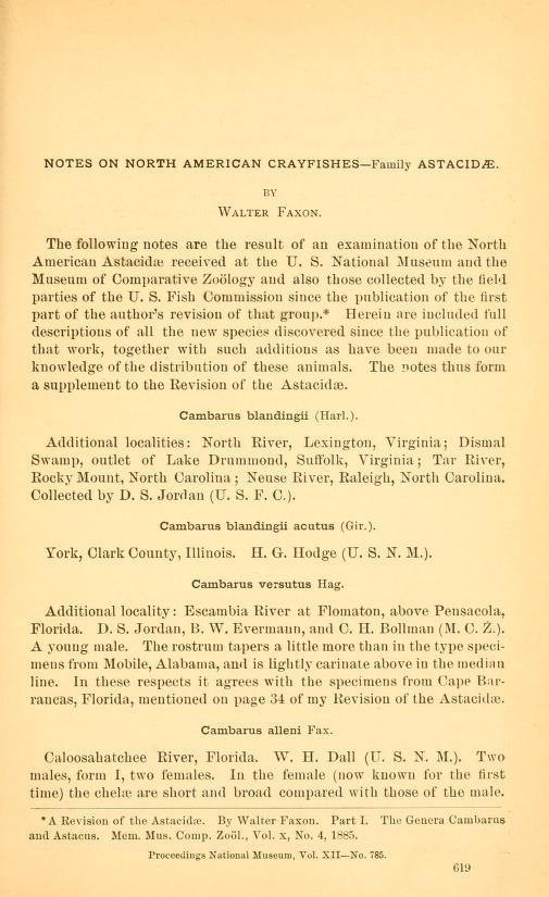Media type: text; Faxon 1890 Description: Notes on North American Crayfishes - Family Astacidae;