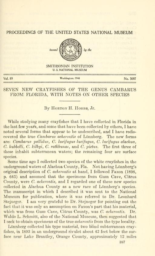 Media type: text; Hobbs 1942 Description: Seven new crayfishes of the genus Cambarus from Florida, with notes on other species;